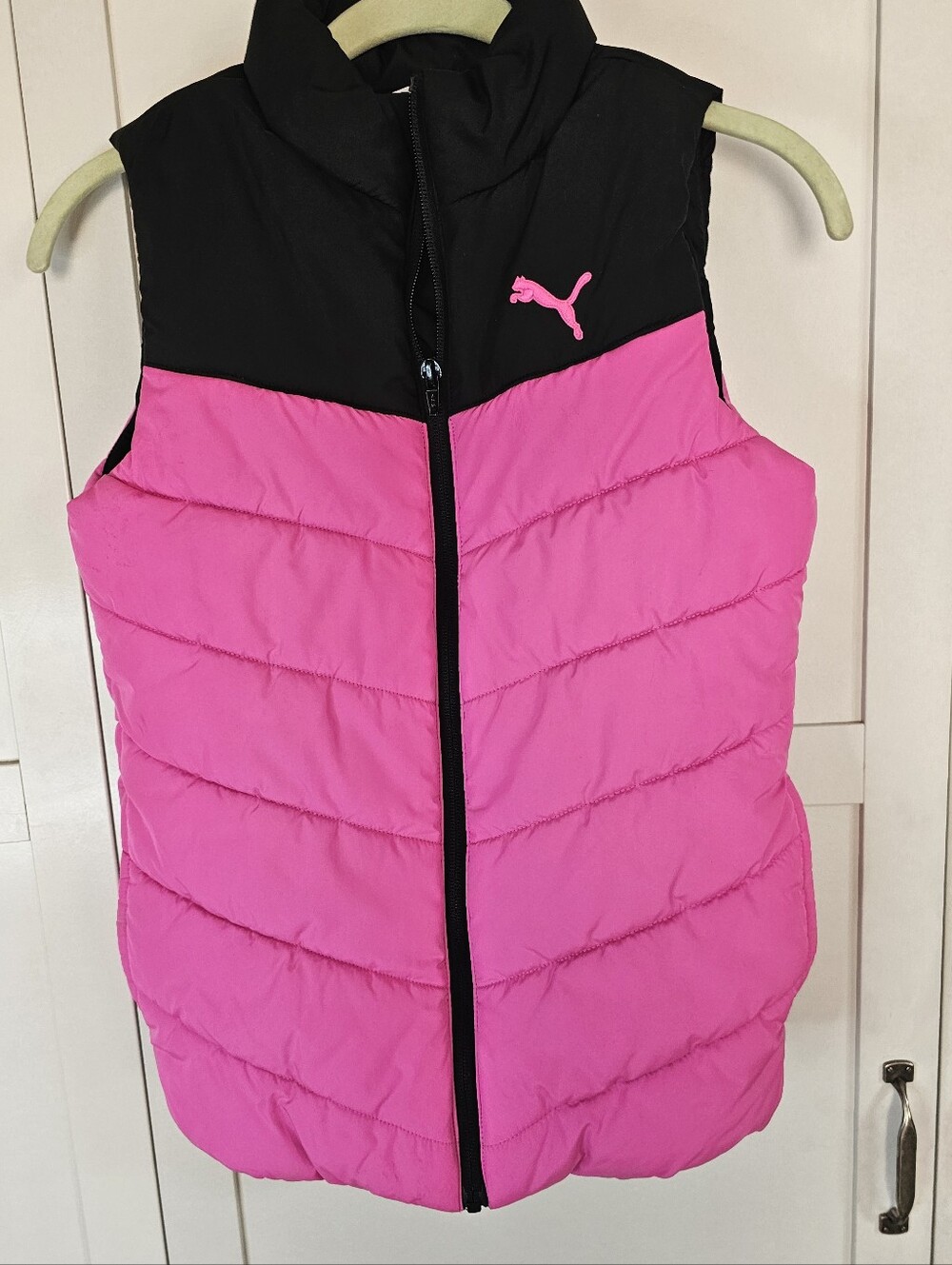 PUMA Girls Youth M 10/12 Puffer Vest Hot Pink Black Full Zip Quilted